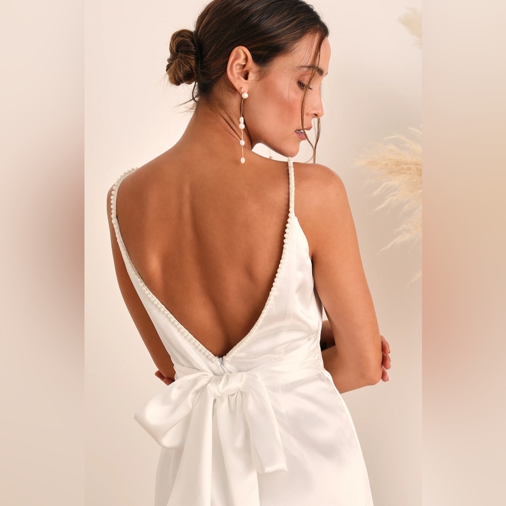 NEW Lulu’s Ready For Forever White Satin Pearl Tie-Back Maxi Dress - Picture 3 of 9
